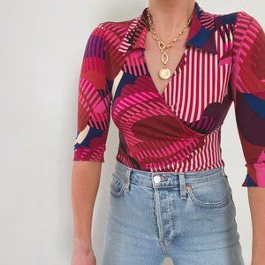 Y2k Magenta & Navy Deep V Wrap Top